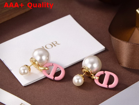 Dior Tribales Earrings Gold Finish Metal and White Resin Pearls with Pink Lacquer Replica