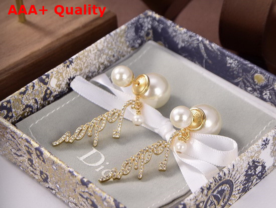 Dior Tribales Earrings Gold Finish Metal and White Resin Pearls with White Crystals Replica