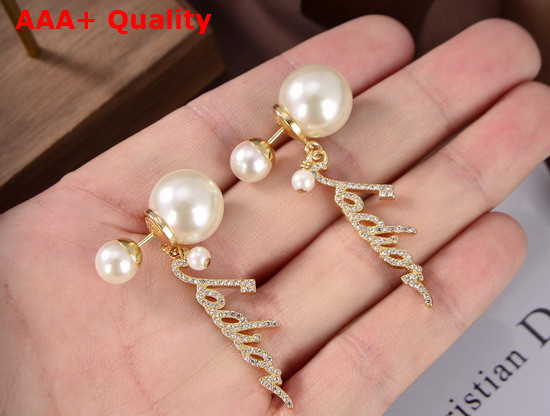 Dior Tribales Earrings Gold Finish Metal and White Resin Pearls with White Crystals Replica