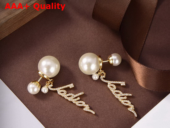 Dior Tribales Earrings Gold Finish Metal and White Resin Pearls with White Crystals Replica