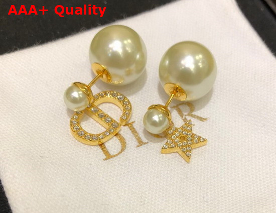 Dior Tribales Earrings Gold Finish Metal with White Resin Pearls and White Crystals Replica