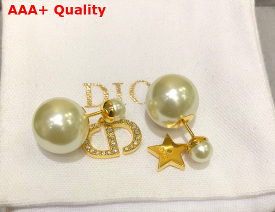 Dior Tribales Earrings Gold Finish Metal with White Resin Pearls and White Crystals Replica