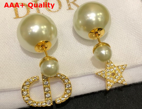 Dior Tribales Earrings Gold Finish Metal with White Resin Pearls and White Crystals Replica