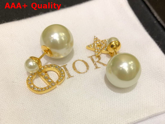 Dior Tribales Earrings Gold Finish Metal with White Resin Pearls and White Crystals Replica