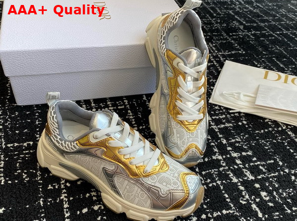 Dior Vibe Sneaker White Mesh Printed with Dior Oblique Motif and Gold and Silver Tone Laminated Leather Effect Panels Replica