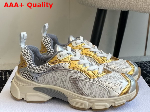 Dior Vibe Sneaker White Mesh Printed with Dior Oblique Motif and Gold and Silver Tone Laminated Leather Effect Panels Replica