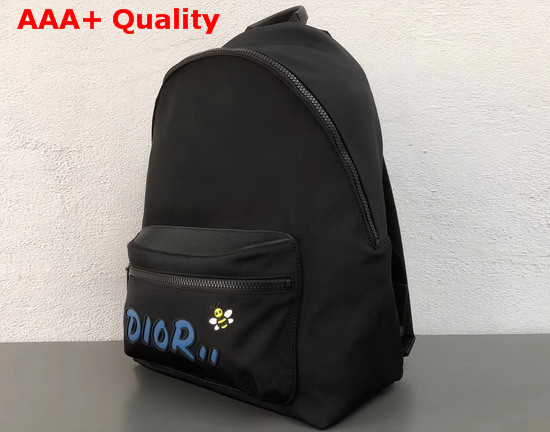 Dior X Kaws Black Nylon Backpack with Blue Dior Logo Replica