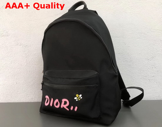 Dior X Kaws Black Nylon Backpack with Pink Dior Logo Replica