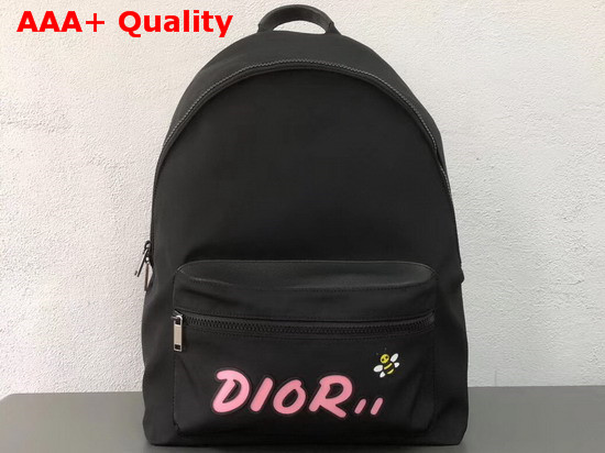 Dior X Kaws Black Nylon Backpack with Pink Dior Logo Replica