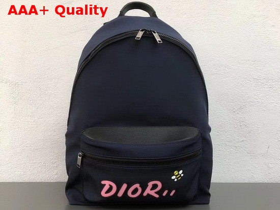 Dior X Kaws Rider Backpack in Navy Blue Nylon with Pink Dior Logo Replica