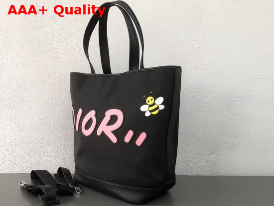 Dior X Kaws Tote in Black Nylon with Pink Dior Logo Replica