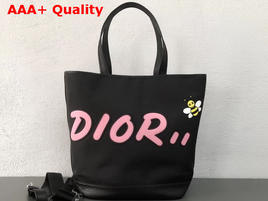 Dior X Kaws Tote in Black Nylon with Pink Dior Logo Replica