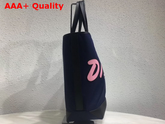 Dior X Kaws Tote in Navy Blue Nylon with Pink Dior Logo Replica