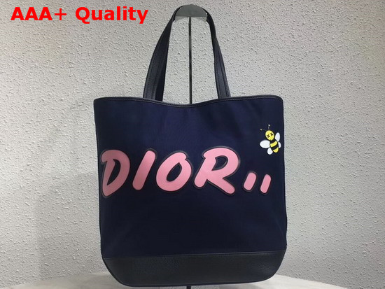 Dior X Kaws Tote in Navy Blue Nylon with Pink Dior Logo Replica