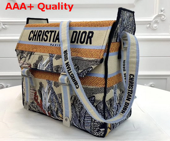 Diorcamp Canvas Messenger Bag Embroidered with a Leaf Blue Toile De Jouy Tropicalia Motif Replica