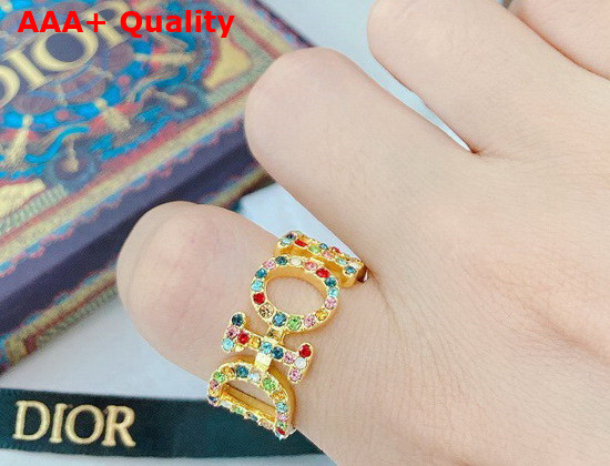 Diorevolution Ring Gold Finish Metal and Multicolor Crystals Replica