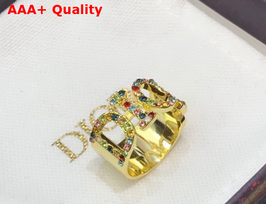 Diorevolution Ring Gold Finish Metal and Multicolor Crystals Replica