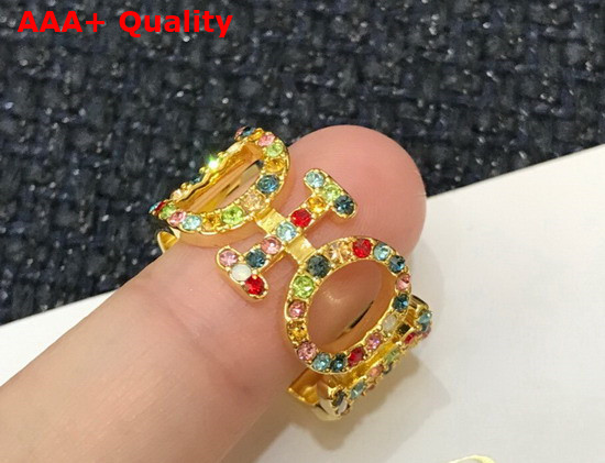 Diorevolution Ring Gold Finish Metal and Multicolor Crystals Replica