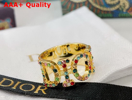 Diorevolution Ring Gold Finish Metal and Multicolor Crystals Replica