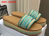 Dioriviera Dway Platform Slide Natural Raffia and Aquamarina Embroidered Cotton Replica