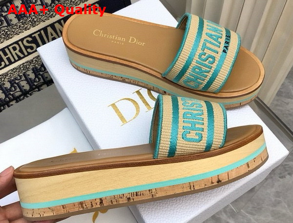 Dioriviera Dway Platform Slide Natural Raffia and Aquamarina Embroidered Cotton Replica