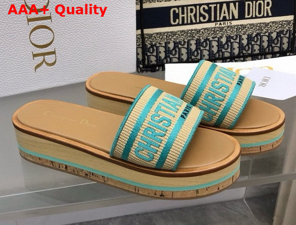 Dioriviera Dway Platform Slide Natural Raffia and Aquamarina Embroidered Cotton Replica