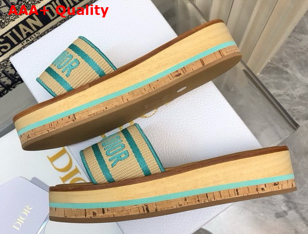 Dioriviera Dway Platform Slide Natural Raffia and Aquamarina Embroidered Cotton Replica