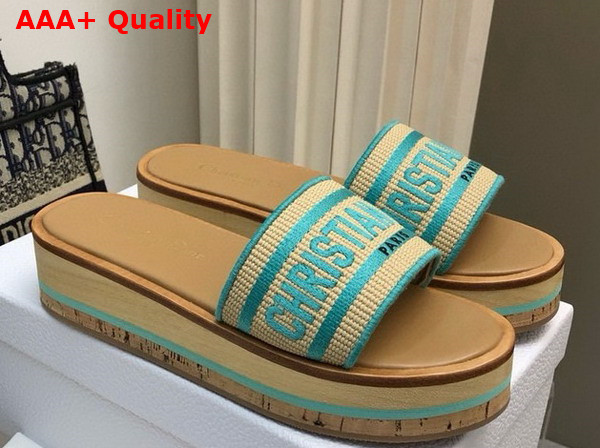 Dioriviera Dway Platform Slide Natural Raffia and Aquamarina Embroidered Cotton Replica