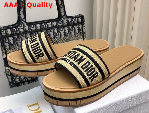 Dioriviera Dway Platform Slide Natural Raffia and Black Embroidered Cotton Replica