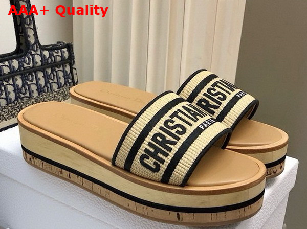 Dioriviera Dway Platform Slide Natural Raffia and Black Embroidered Cotton Replica