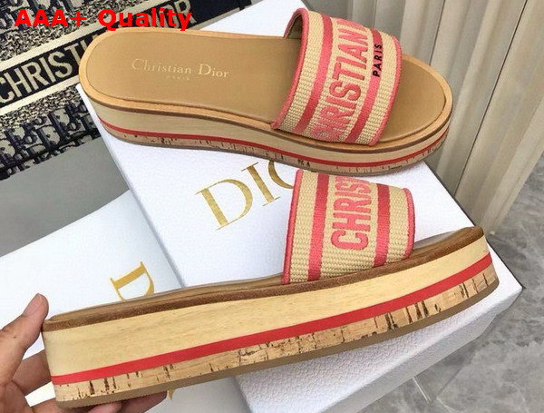 Dioriviera Dway Platform Slide Natural Raffia and Candy Pink Embroidered Cotton Replica