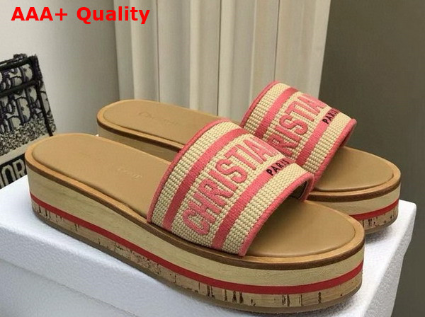 Dioriviera Dway Platform Slide Natural Raffia and Candy Pink Embroidered Cotton Replica