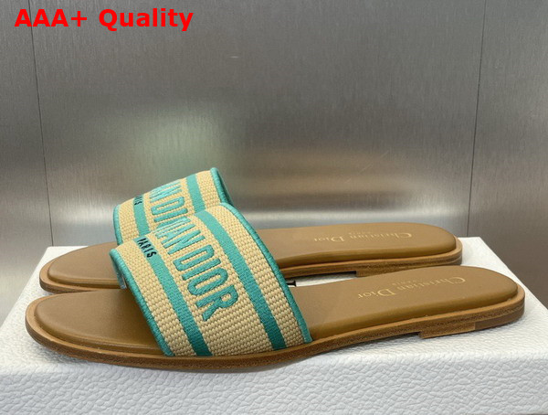 Dioriviera Dway Slide Natural Raffia and Aquamarina Embroidered Cotton Replica