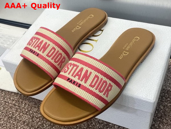 Dioriviera Dway Slide Natural Raffia and Candy Pink Embroidered Cotton Replica