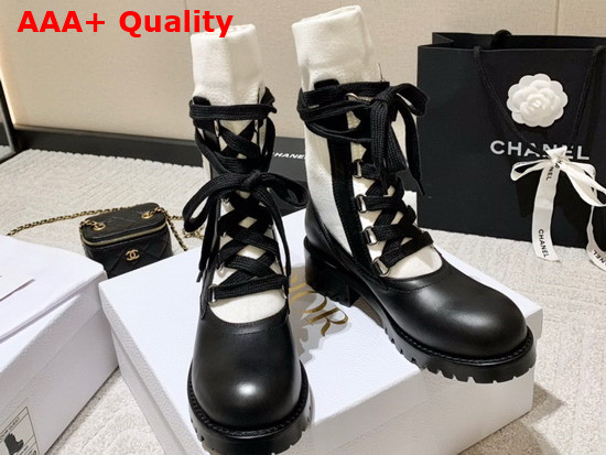 Diorland Lace Up Boot Black Calfskin and White Cotton Replica