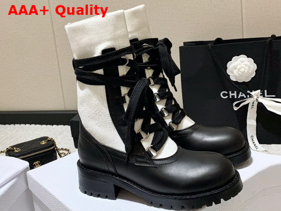 Diorland Lace Up Boot Black Calfskin and White Cotton Replica