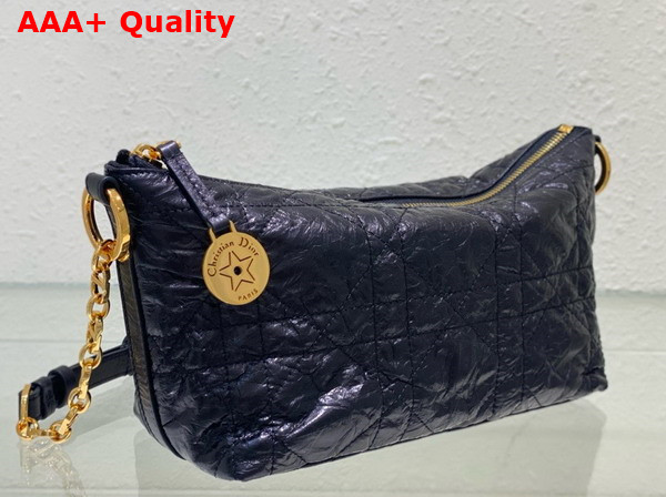 Diorstar Hobo Bag with Chain Black Macrocannage Crinkled Calfskin Replica