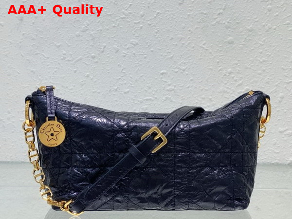 Diorstar Hobo Bag with Chain Black Macrocannage Crinkled Calfskin Replica