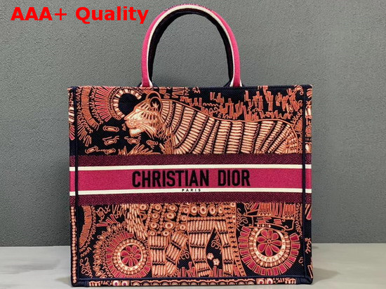 Fuchsia Dior Book Tote Dior Animals Embroidered Canvas Bag Replica