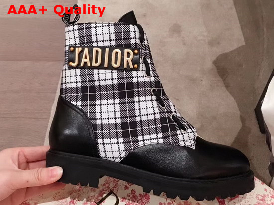 Jadior Ankle Boot in Tartan Fabric and Black Calfskin Replica