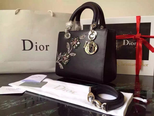 Lady Dior Bag Black Lambskin With Marquetry Flower for Sale