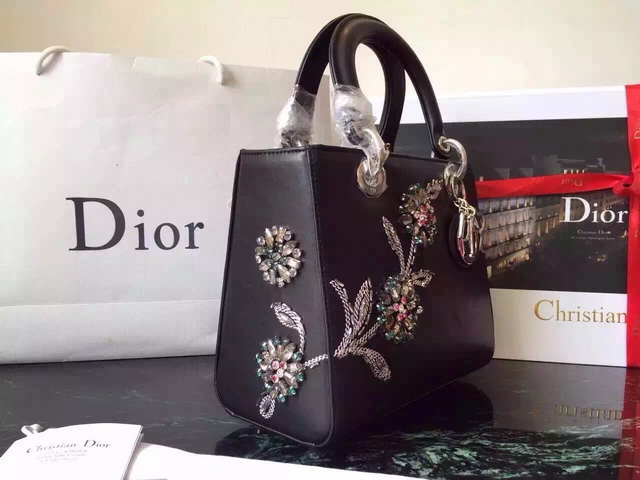 Lady Dior Bag Black Lambskin With Marquetry Flower for Sale