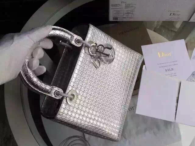 Lady Dior Bag Silver Tone Metallic Calfskin With Micro Cannage Motif for Sale