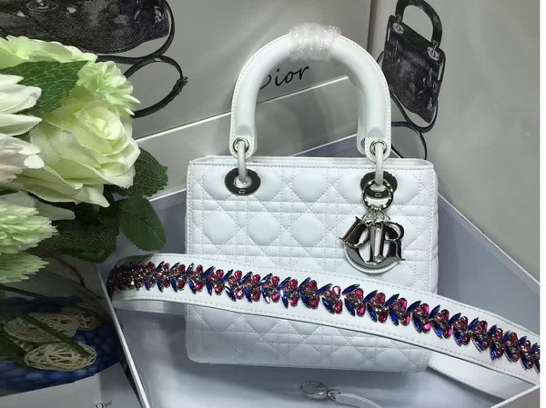 Lady Dior Bag White Lambskin Embroidered Shoulder Strap for Sale