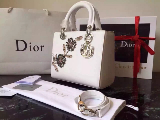 Lady Dior Bag White Paradise Calfskin Beading Flower for Sale