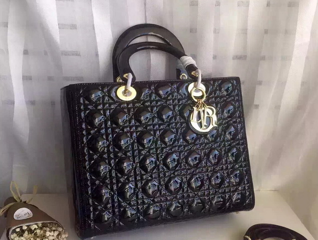 Large Lady Dior Bag Black Patent Leather Gold Hardwares for Sale