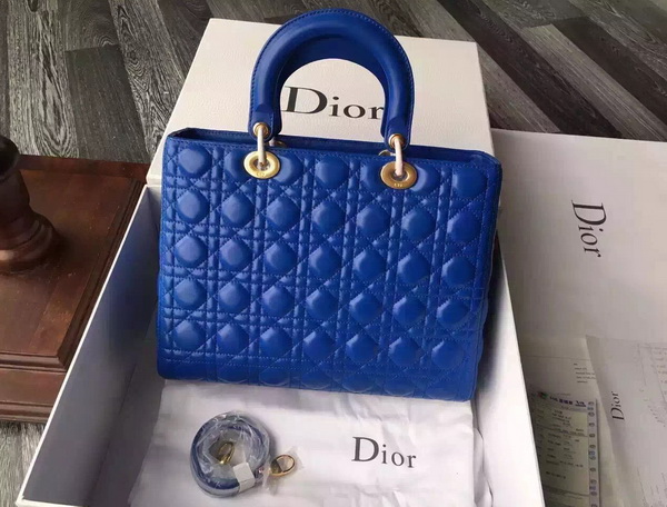 Large Lady Dior Bag In Blue Lambskin With Gold Hardware for Sale