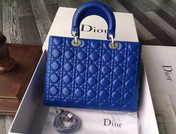 Large Lady Dior Bag In Blue Lambskin With Silver Hardware for Sale