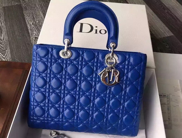 Large Lady Dior Bag In Blue Lambskin With Silver Hardware for Sale