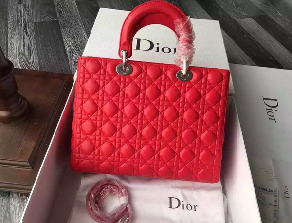 Large Lady Dior Bag In Red Lambskin With Silver Hardware for Sale